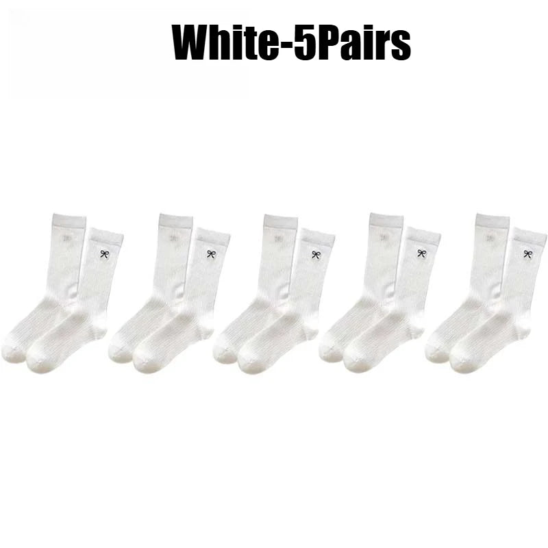 Bowknot Mesh Stacked Socks Korean Preppy Mid-Calf 1-5 Pairs Fashion Socks Babs White-5Pairs 35-39