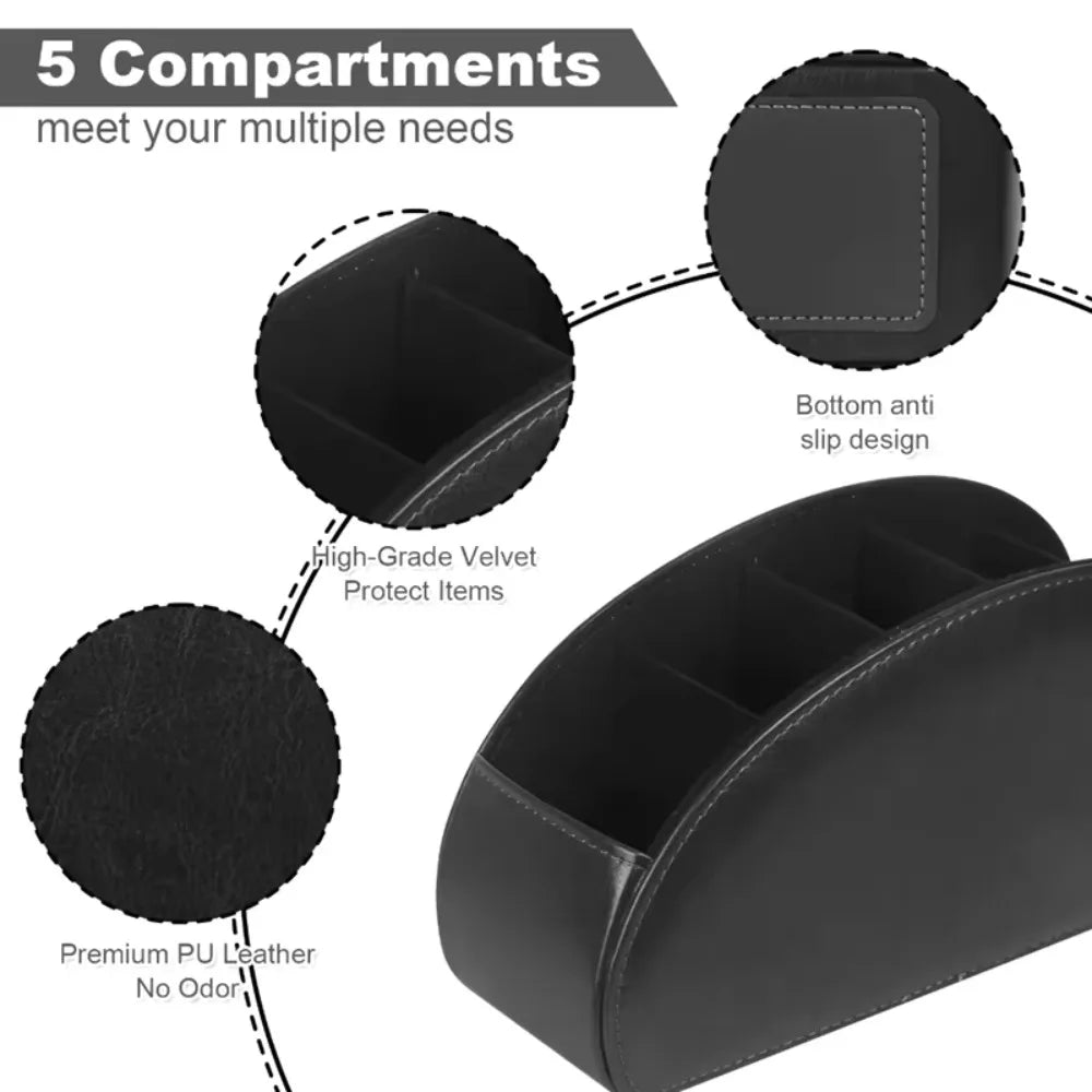 5-Compartment PU Leather Remote Control Storage Box – Black Desktop Storage Organizer Babs