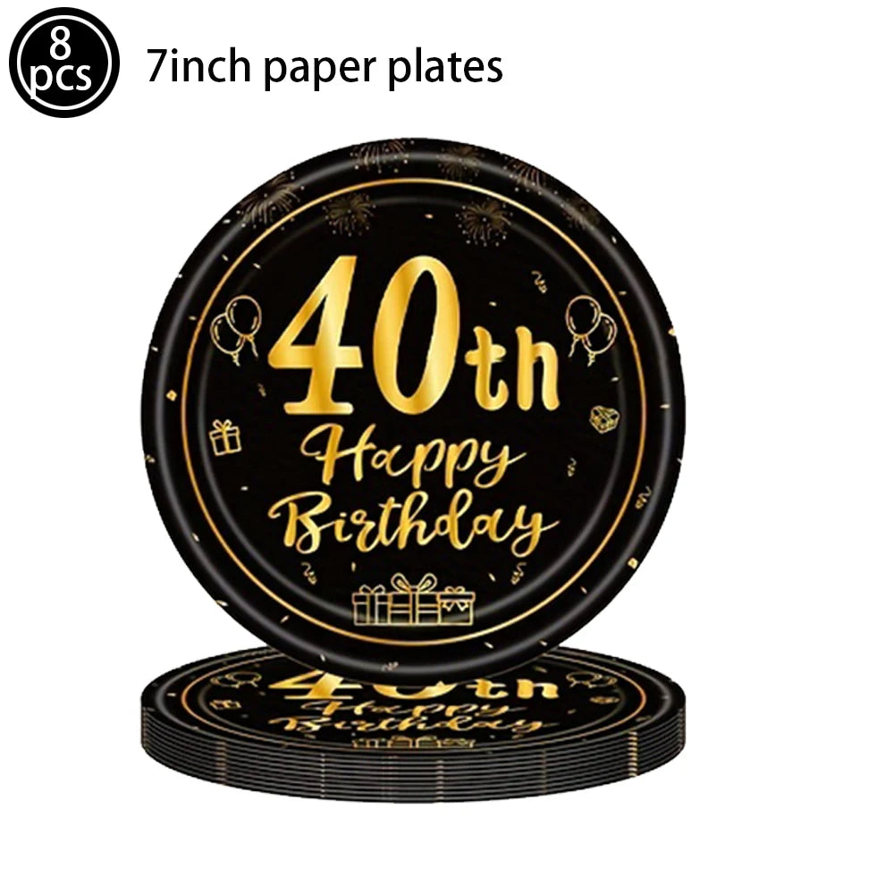 40th Birthday Party Decorations – Black & Gold Tableware Set Birthday Party Set Babs 7inch plate
