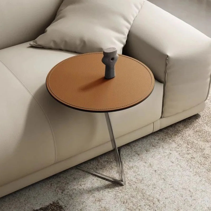 Round Minimalist Coffee Table – Stainless Steel & Leather Side Table Coffee Side Table Babs Orange