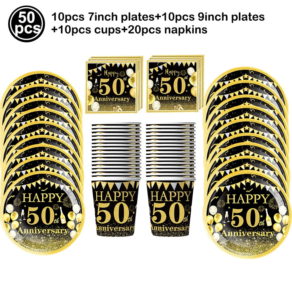 50th Birthday Party Tableware Set – Black & Gold