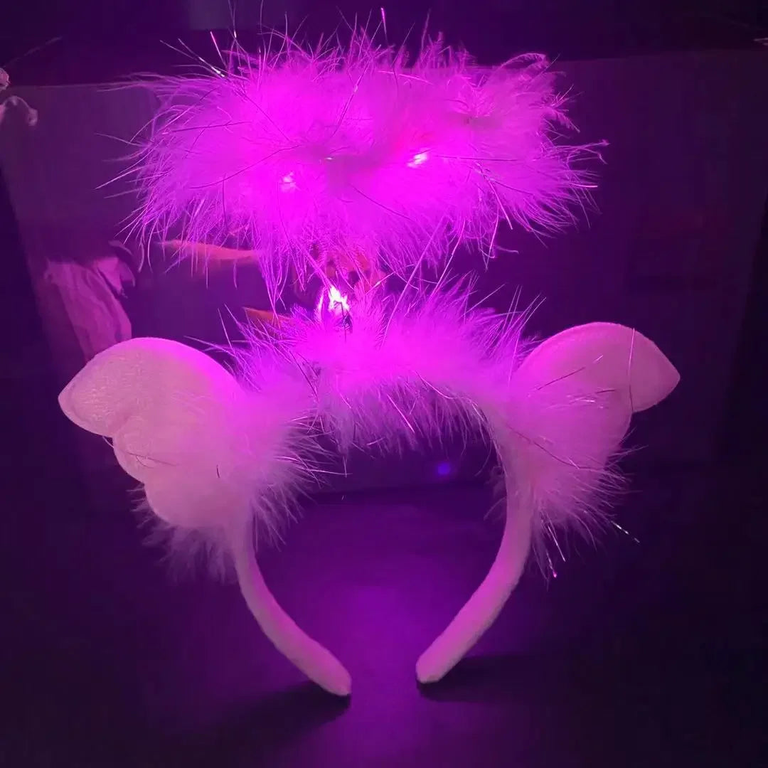 Angel Wings LED Feather Headband | Fairy Cosplay Party LED Costume Headband Babs pink and pink leds