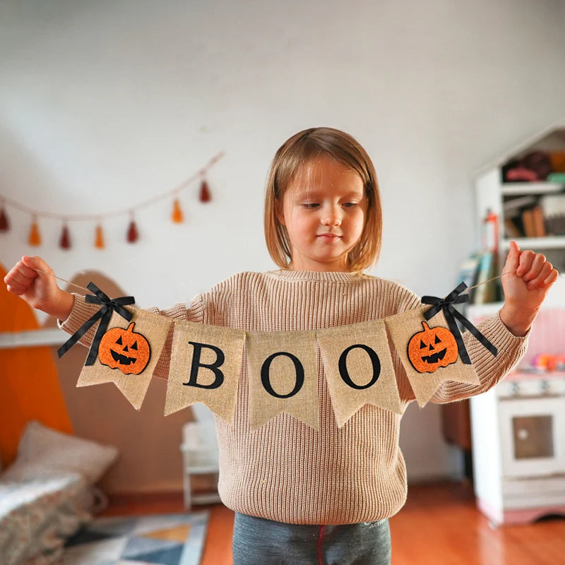 Halloween Burlap BOO Pumpkin Banner – Rustic Bunting Garland Halloween Bunting Banner Babs