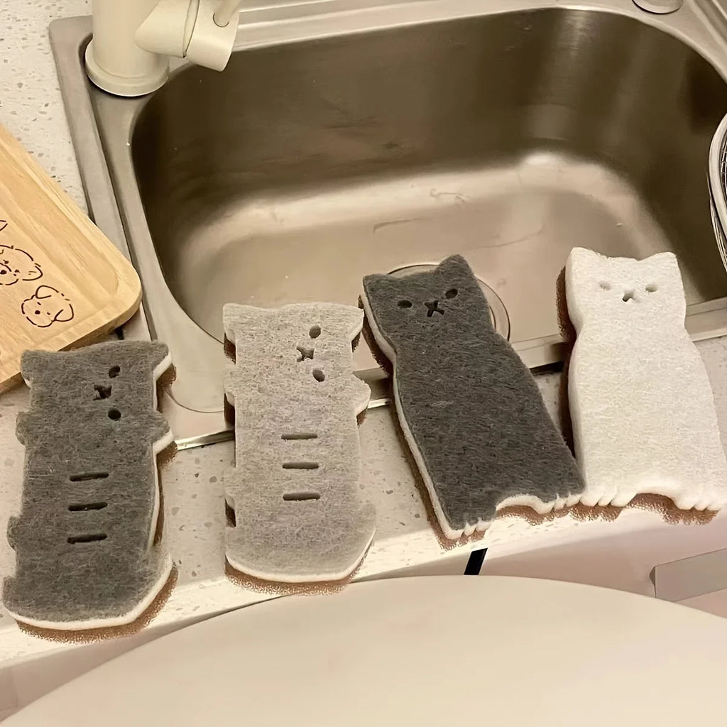 4-Piece Cute Cat Kitchen Sponge Set – Durable Dish Scrubber Kitchen Cleaning Sponge Babs