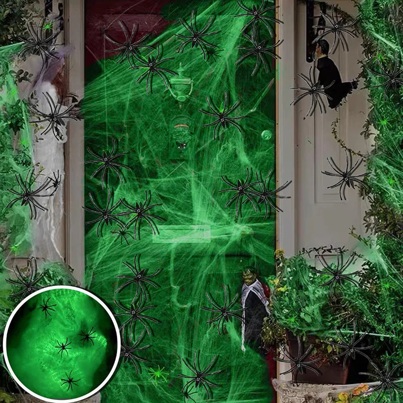 Glow in the Dark Spider Web Halloween Decoration + Fake Spiders Halloween Decoration Set Babs
