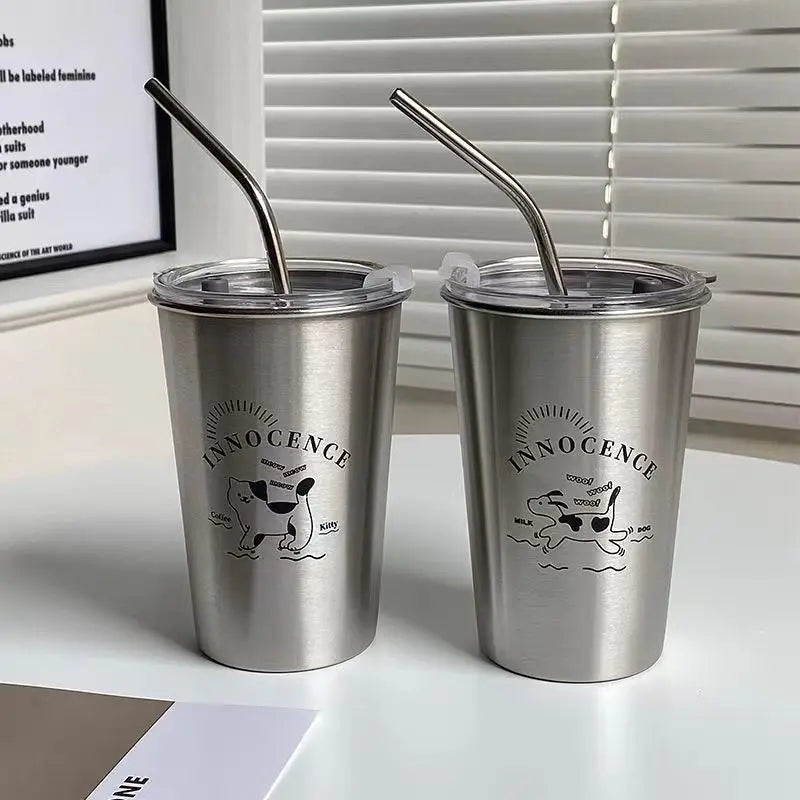 Large Stainless Steel Straw Cup with Lid – Hot & Cold Drinks Stainless Steel Tumbler Babs set