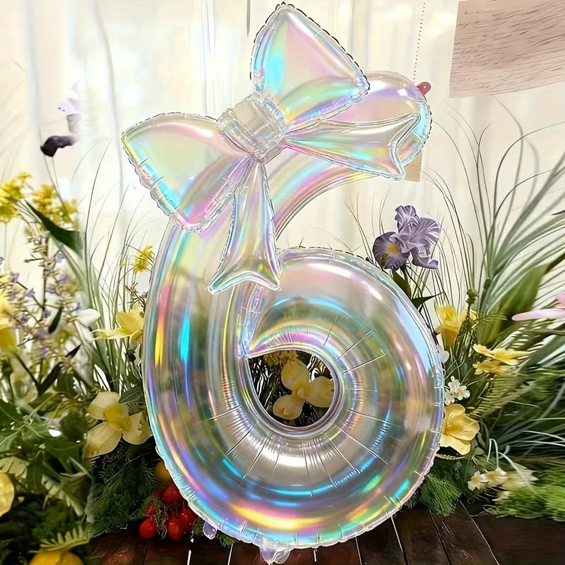 40" Iridescent Number Balloon & Bowknot Kit – Birthday Party Party Balloon Kit Babs 6 40Inch