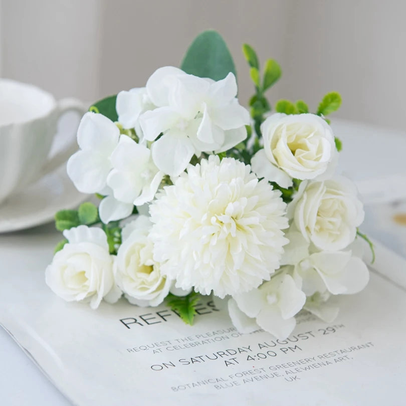 Silk Rose & Chrysanthemum Artificial Bouquet 29cm | 1-4pcs Artificial Flower Bouquet Babs WHITE 4PCS