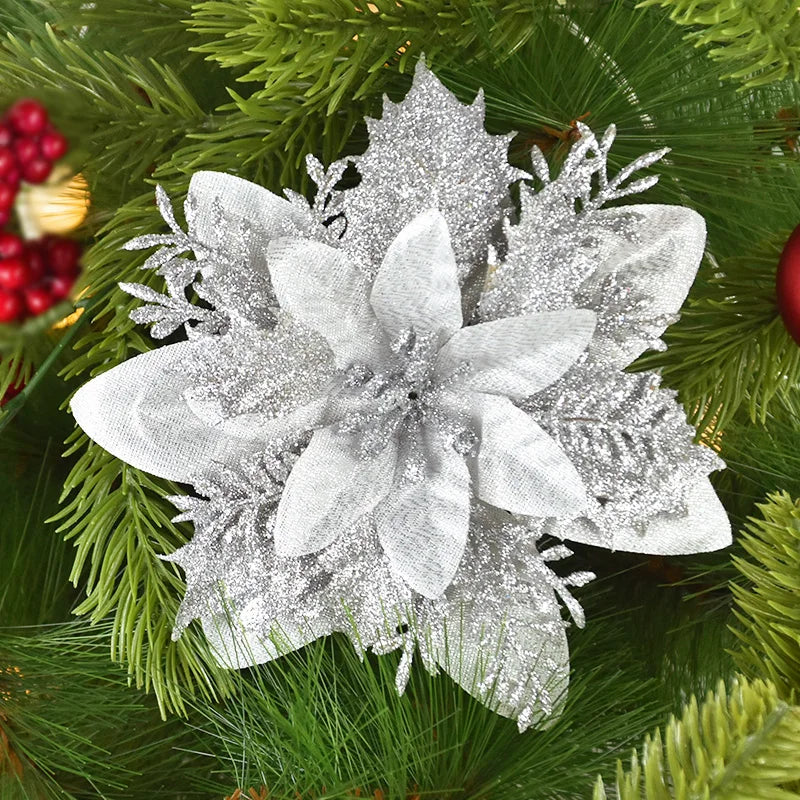 Glitter Artificial Christmas Peony Flowers – Xmas Tree Ornaments Christmas Flower Ornaments Babs silver 1PCS