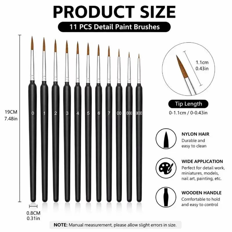 11Pc Fine Liner Paint Brush Set – Watercolor, Acrylic & Nail Art Fine Liner Brush Set Babs