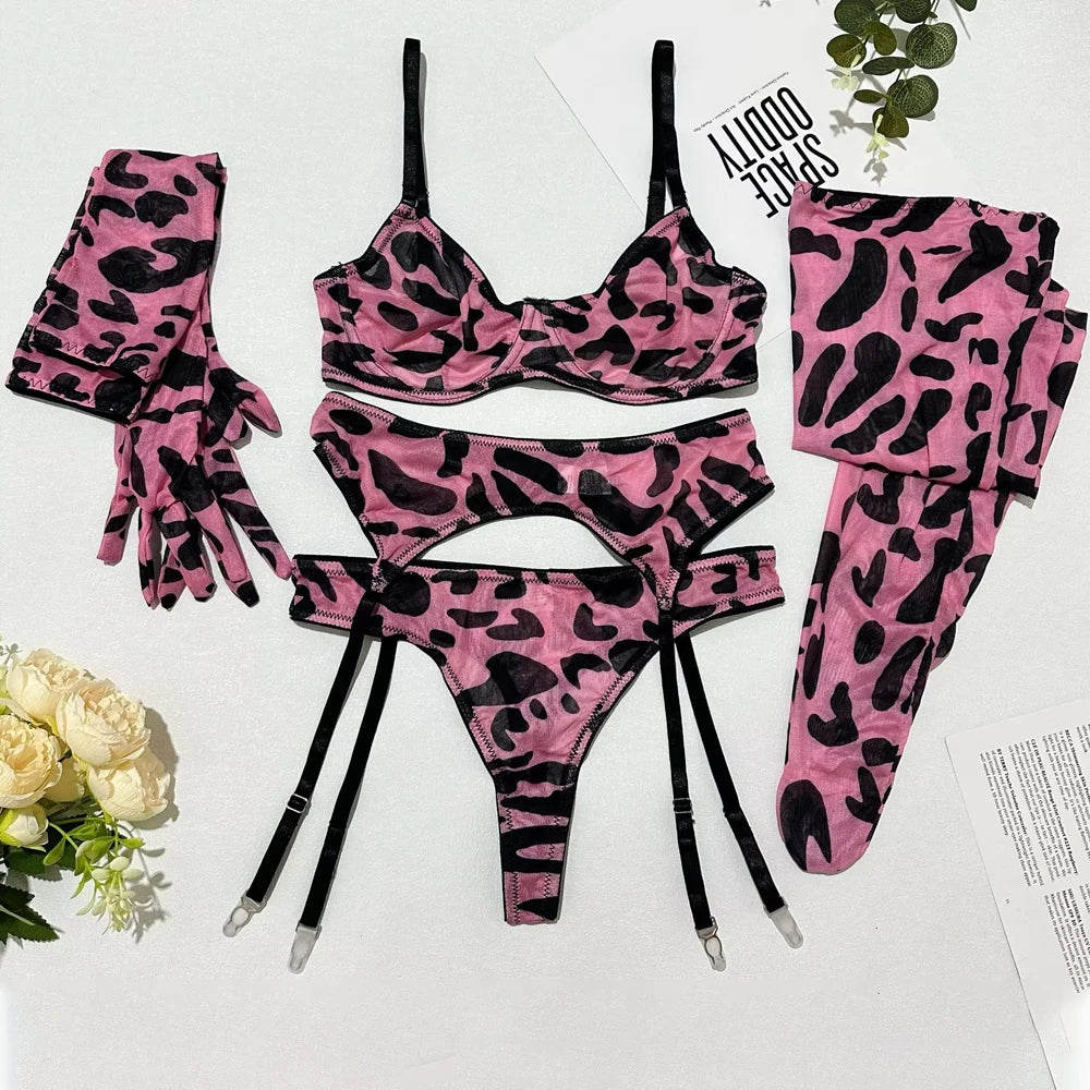 5-Piece Leopard Lingerie Set – Bra, Panty, Garter & Stockings Lingerie Set Babs ROSE L