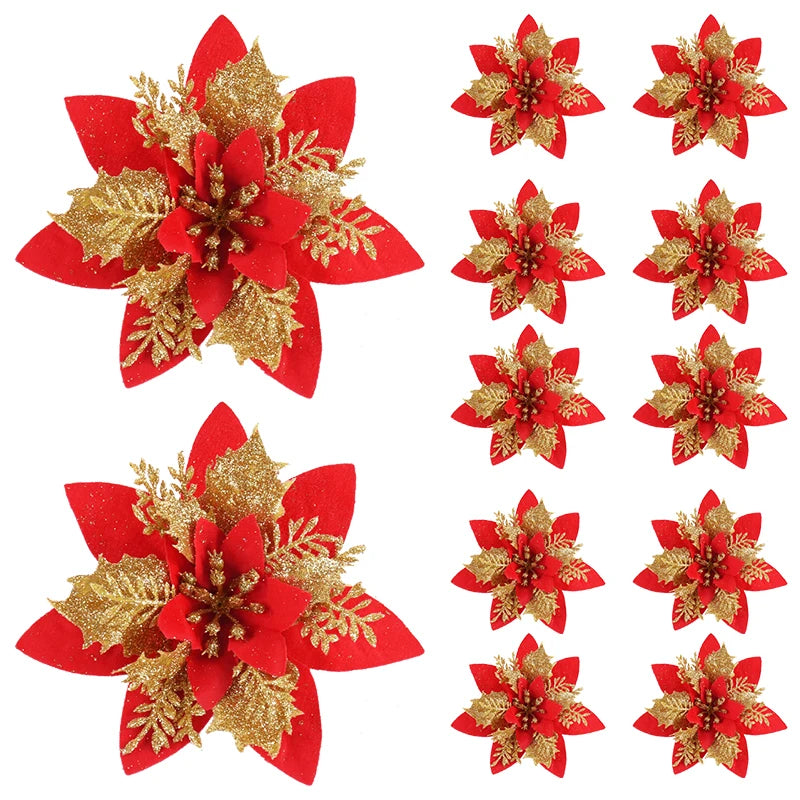 Glitter Pink Artificial Christmas Flower Ornaments 14cm 5/10 Pcs Christmas Ornaments Babs Red Gold 10Pcs