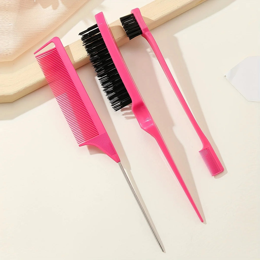 3-in-1 Hair Styling Set – Tail Comb, Edge & Eyebrow Brush Hair Styling Set Babs Rose Red