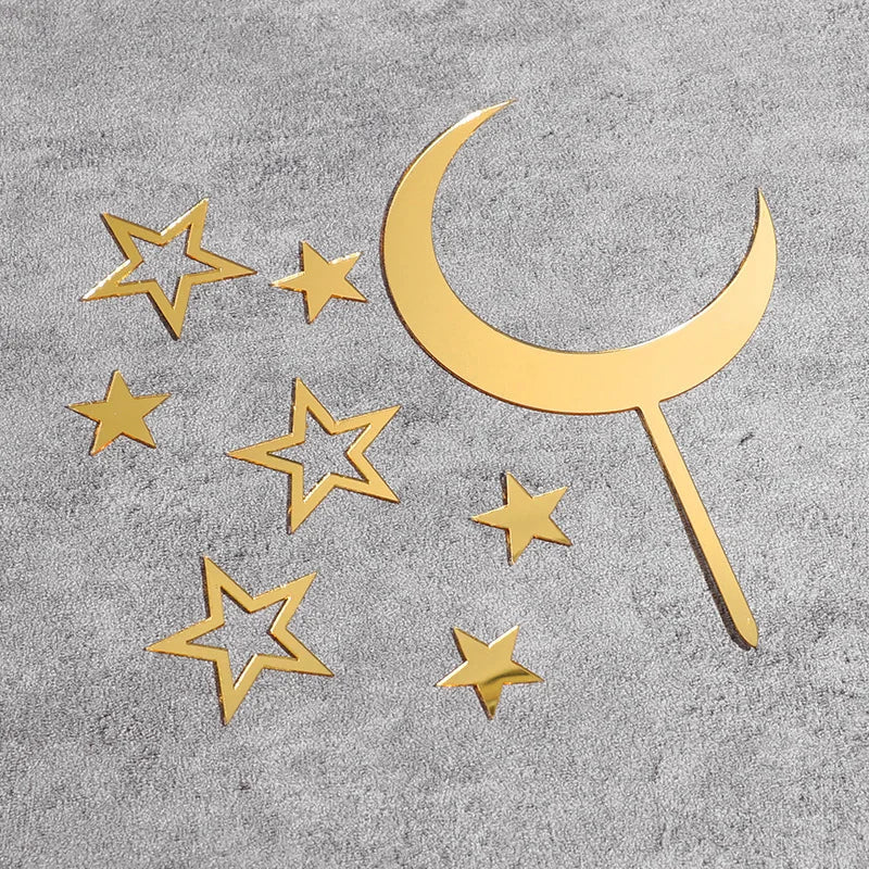 8-Piece Ramadan Moon & Star Golden Acrylic Cake Topper Set Acrylic Cake Topper Babs