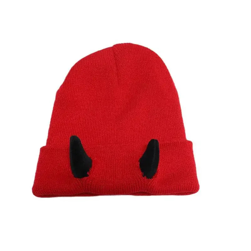 Devil Horn Knit Beanie Hat – Funny Costume Cap for Teens & Adults Novelty Knit Beanie Babs Red-1PCS