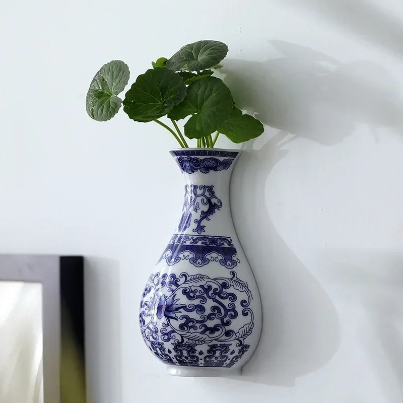 Ceramic Blue & White Porcelain Wall Vase | Lucky Bamboo Decor Decorative Ceramic Vase Babs