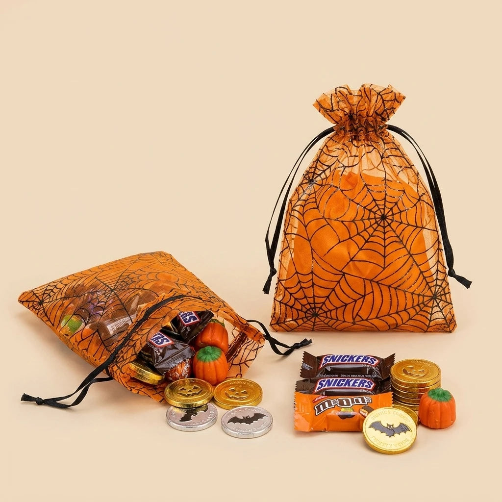 50PCS Halloween Drawstring Candy Bags – Foil Ghost Bat Print Halloween Gift Bags Babs