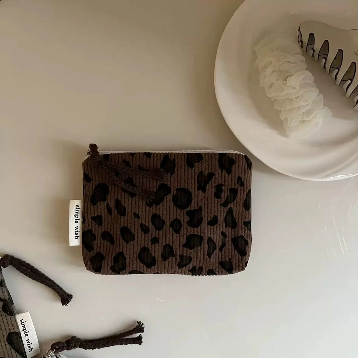 Vintage Leopard Print Mini Corduroy Pouch | Travel Storage Bag Mini Storage Pouch Babs Coffee