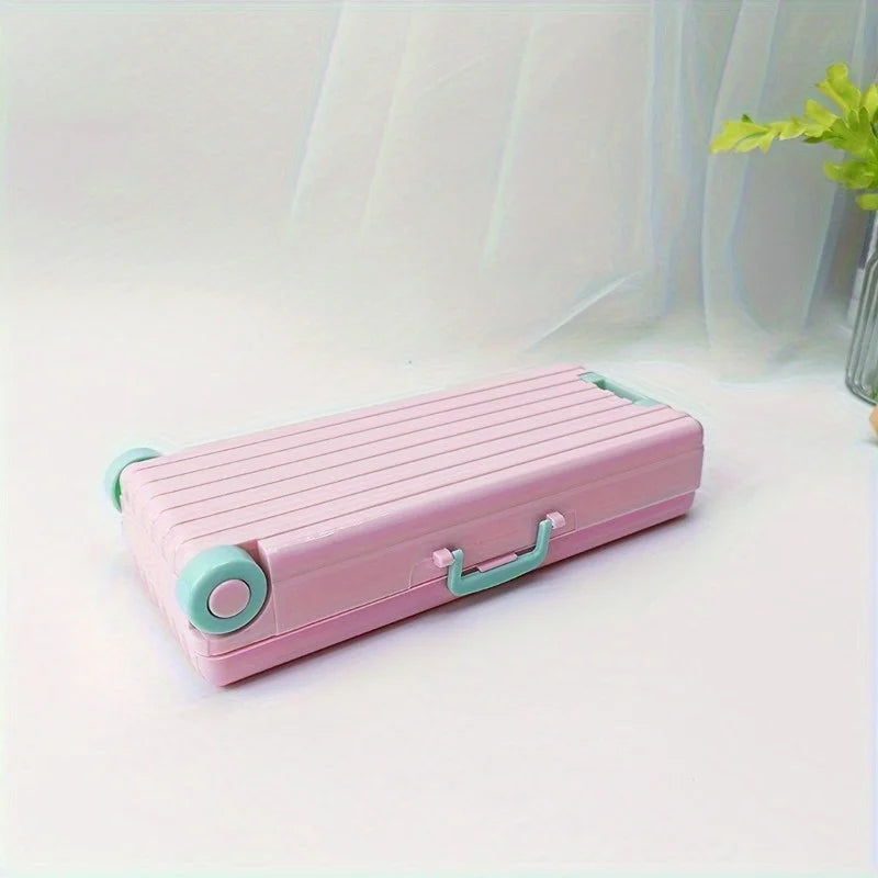 Double-Layer Trolley Case Stationery Box | Desk Organizer Stationery Pencil Box Babs Pink
