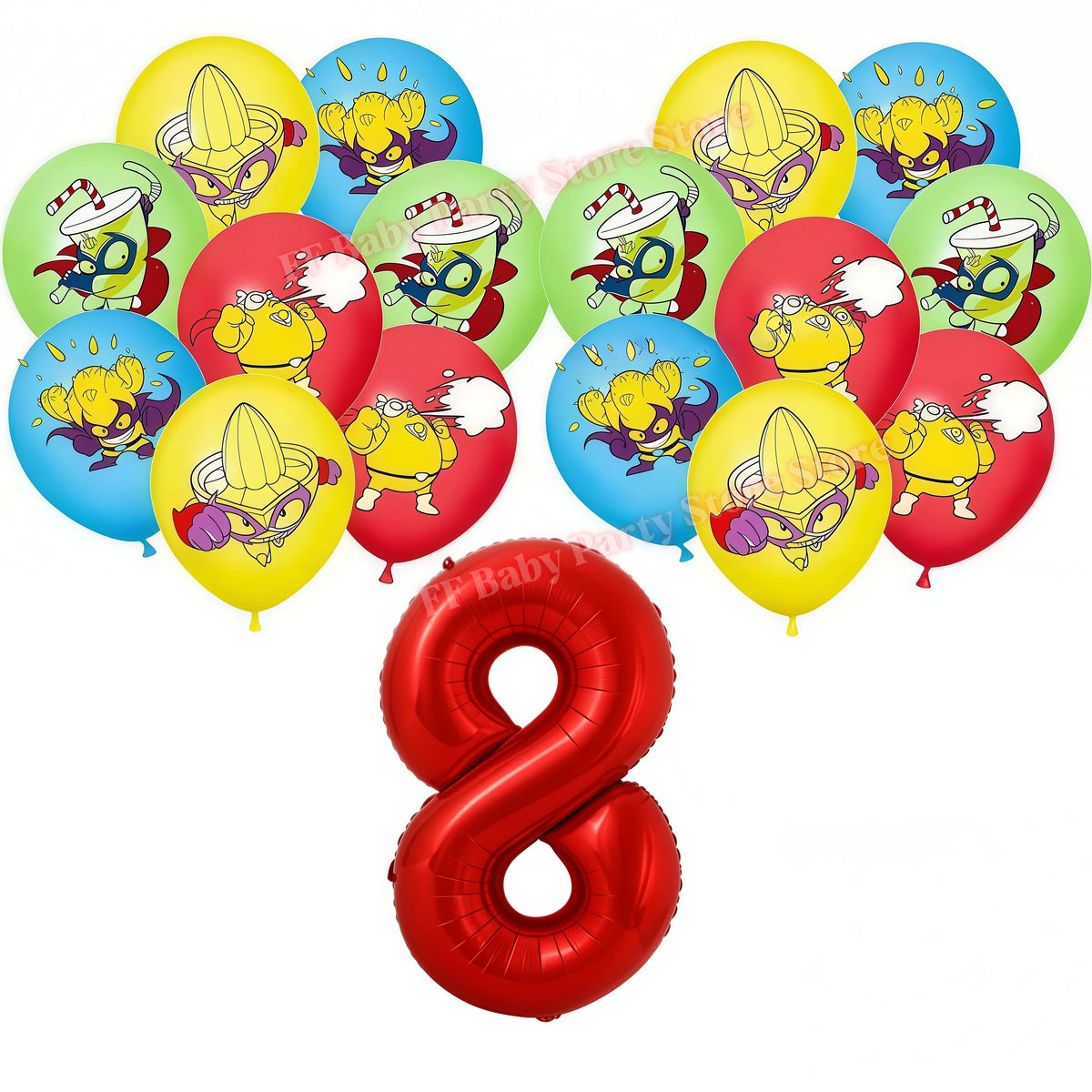 Superthings Party Balloons, Cake Toppers & Backdrop Set – 6pcs Party Decoration Set Babs 17pcs balloons-8 others