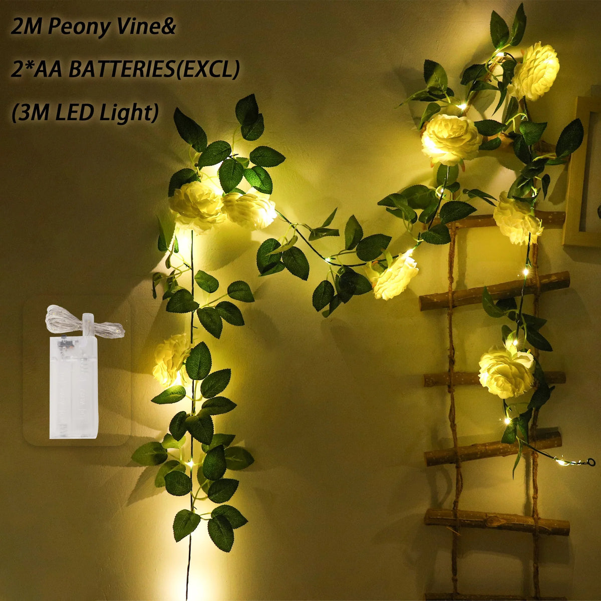 Peony Vine LED Wreath – Silk Artificial Flower Wall & Wedding Décor Artificial Flower Garland Babs White 2 1PC