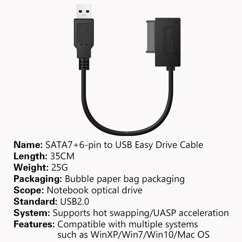 USB 2.0 to Mini SATA 13-Pin Adapter Cable for Laptop DVD Drive USB Drive Adapter Babs