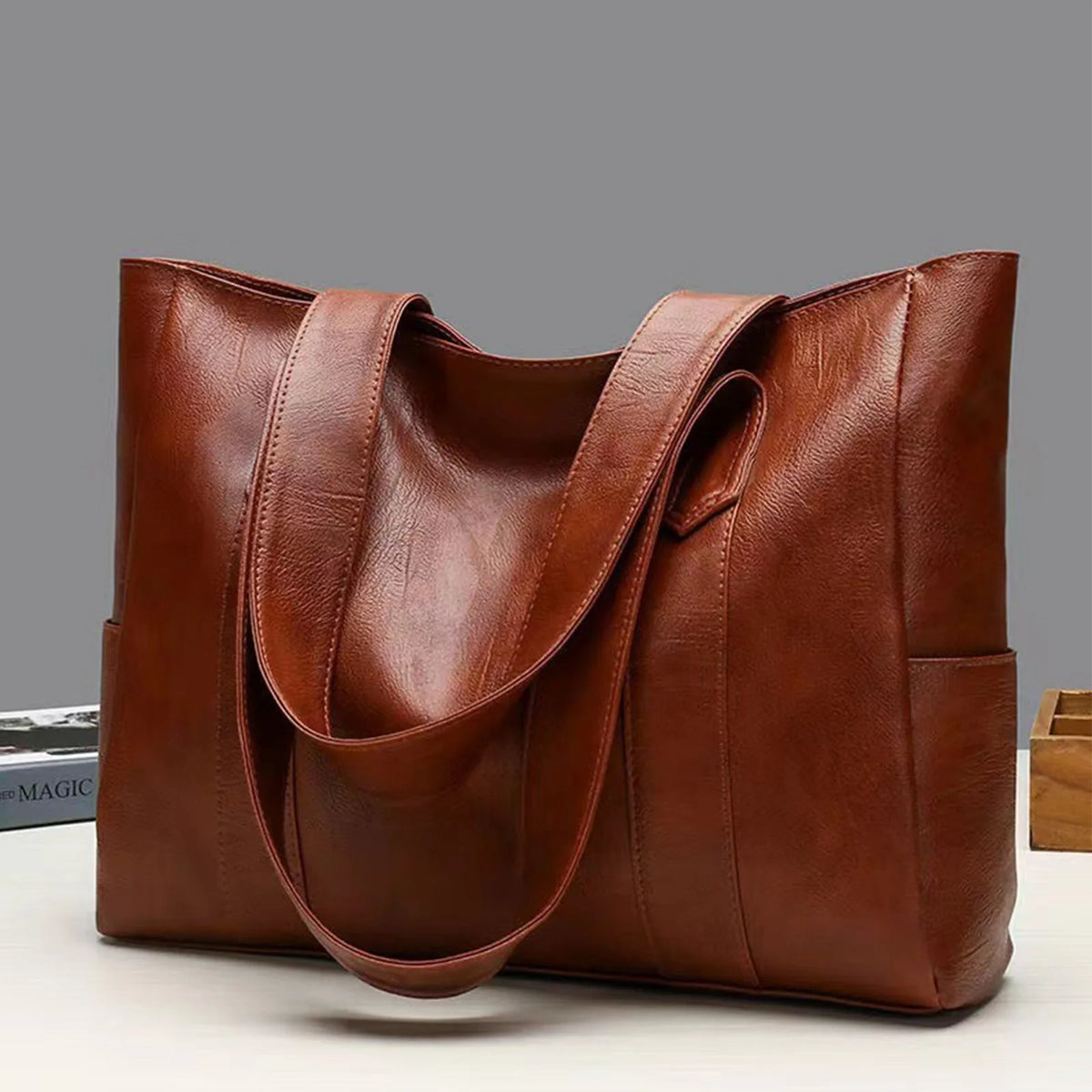 Women's Large Capacity PU Leather Tote Shoulder Handbag Tote Shoulder Handbag Babs Brown One Size