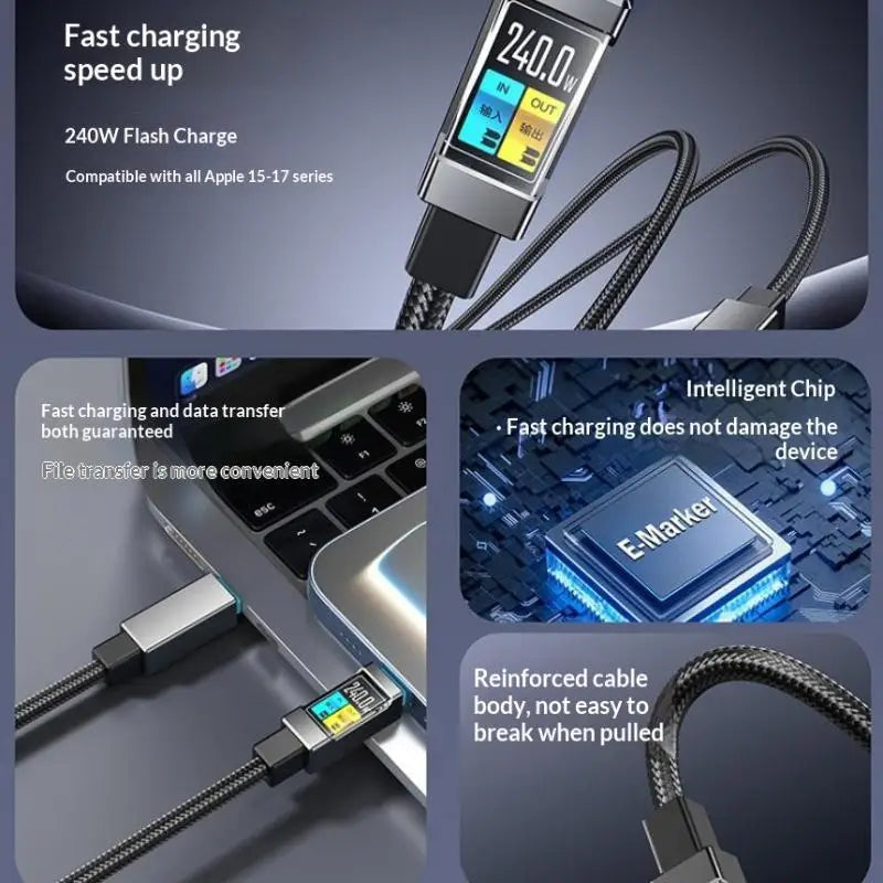 240W USB-C Fast Charging Cable with Digital Display | HUXUAN USB-C Charging Cable Babs