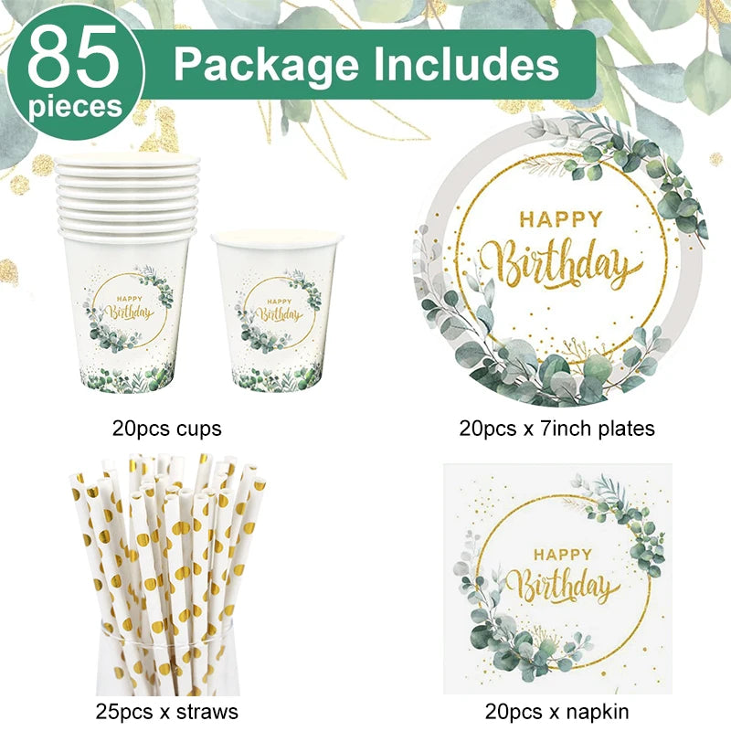 Eucalyptus Birthday Disposable Tableware Set – Plates, Cups & Napkins Disposable Party Tableware Babs