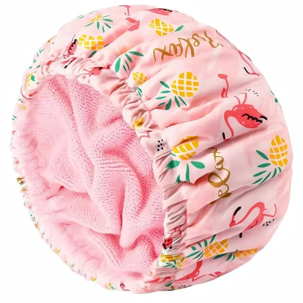 Terry Lined Shower Cap for Women – Large Reusable Waterproof Shower Cap Babs Flamingo