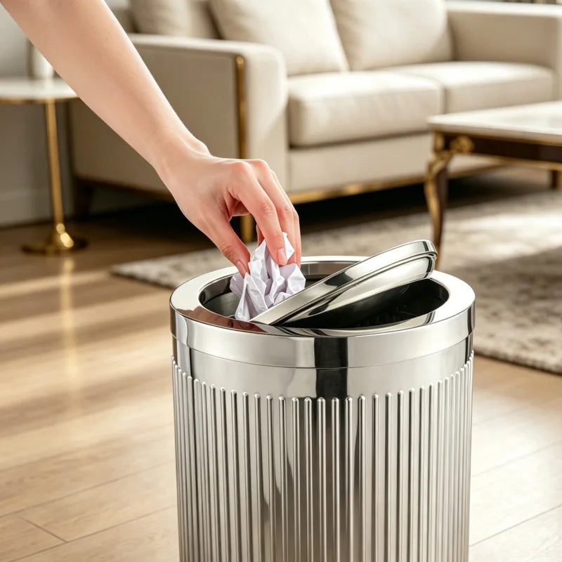 Stainless Steel Flip Lid Trash Can – Large Round Kitchen Bin Flip Lid Trash Can Babs