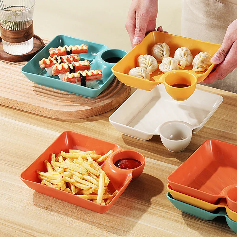 Multicolor Plate with Dipping Compartment for Snacks & Dining Dipping Snack Plate Babs