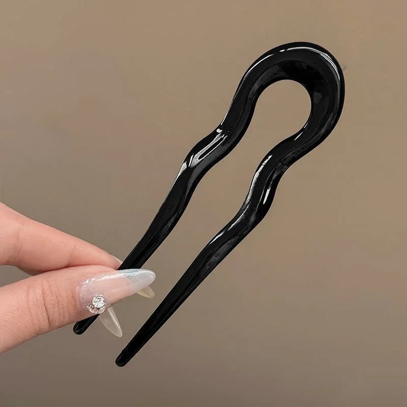 U-Shaped Tortoiseshell Hair Fork – Acetate Hair Stick for Women Hair Fork Stick Babs black