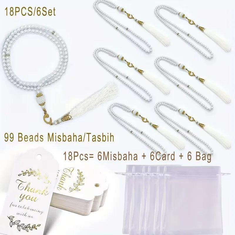 18pc Muslim Tasbih Prayer Beads Gift Set – 99 Glass Pearl Misbaha Prayer Beads Set Babs