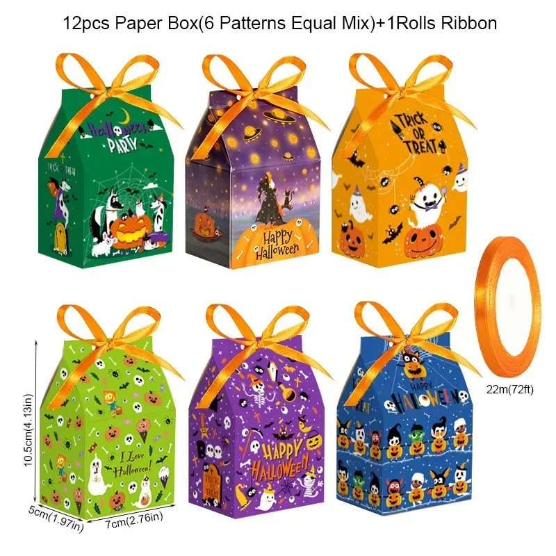 Halloween Candy Gift Boxes Pumpkin Bat 12pk with Ribbon Halloween Party Boxes Babs
