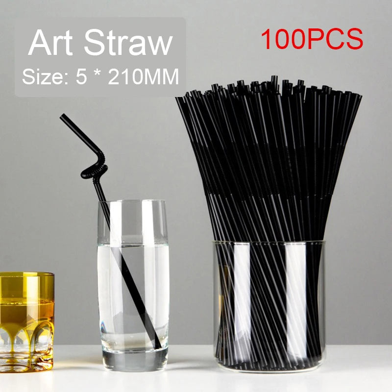 Bendable Multicolor Fluorescent Plastic Drinking Straws Disposable Drinking Straws Babs Black 100Pcs
