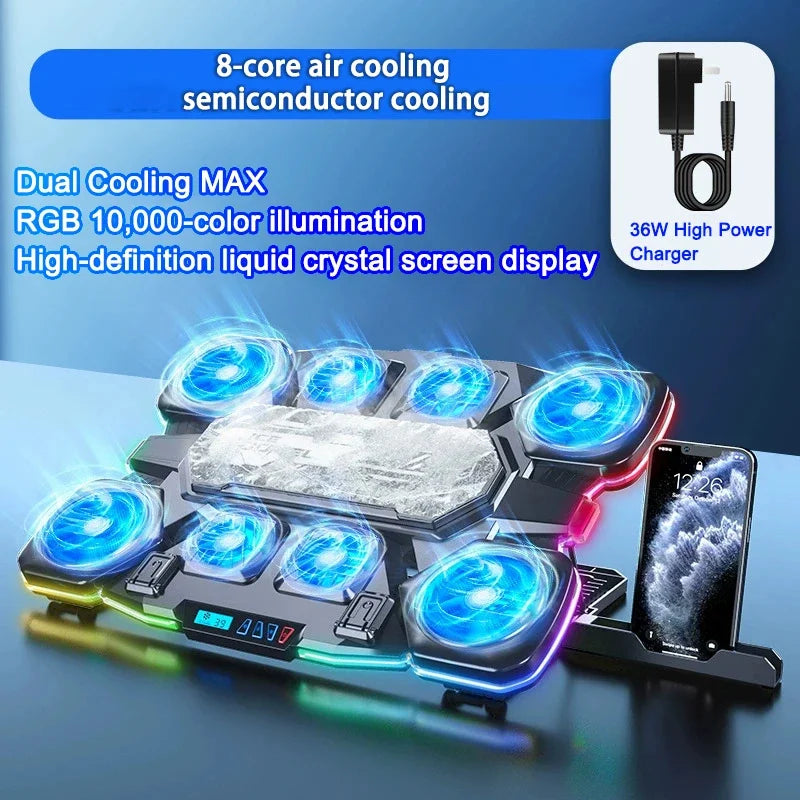 HUXUAN RGB Laptop Cooling Pad 12–18 Inch, 8-Fan Stand Laptop Cooling Pad Babs B Black
