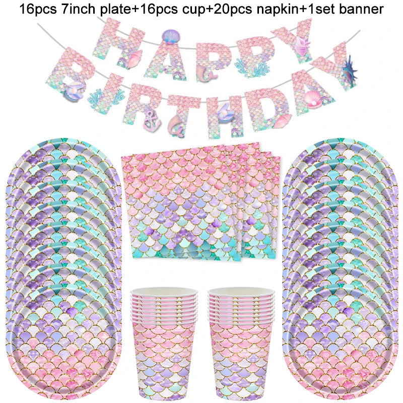 Mermaid Party Tableware Set – Plates, Cups, Napkins & Tablecloth Party Tableware Set Babs 53pcs set1