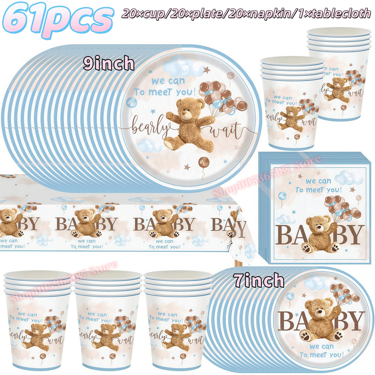 Bear Birthday Party Decoration Set – Plates, Napkins & Banner Party Decoration Set Babs 61pcs others