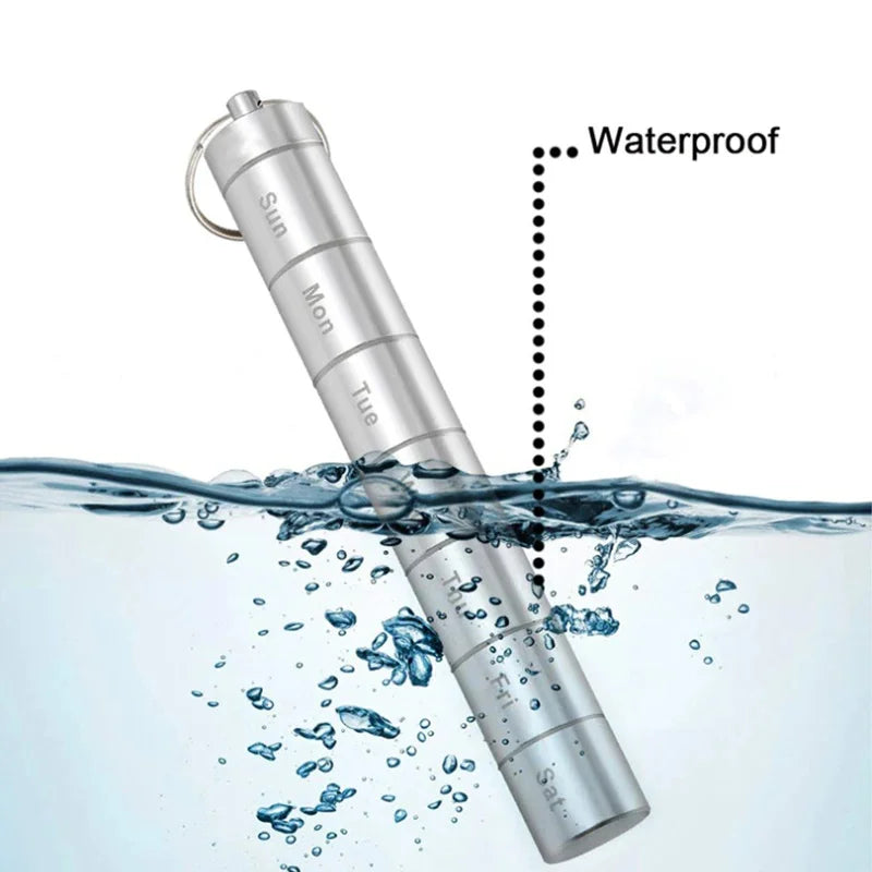 Aluminum Alloy Waterproof Pill Box with Keychain | 7-Day Pill Organizer Babs