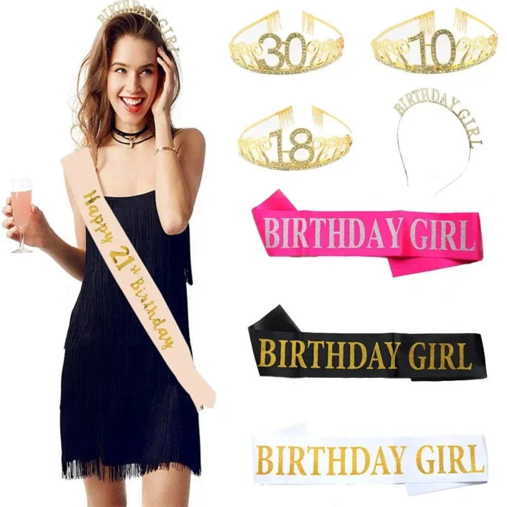 Rose Gold Satin Sash & Crystal Crown Tiara Set – Birthday Party Party Sash & Tiara Set Babs