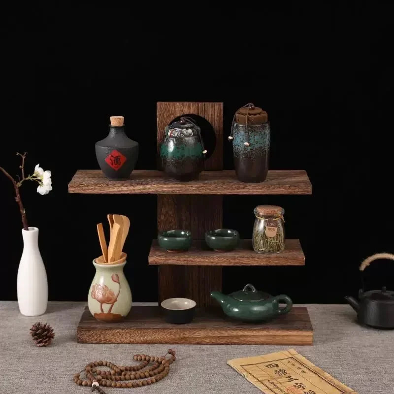 Tiered Solid Wood Tea Display Stand | Oriental Desktop Organizer Display Storage Rack Babs