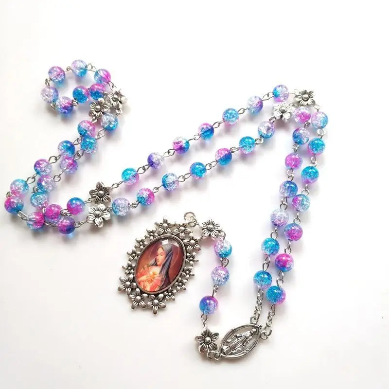 Blue Acrylic Rosary Necklace – Catholic Cross Pendant Unisex Rosary Necklace Babs