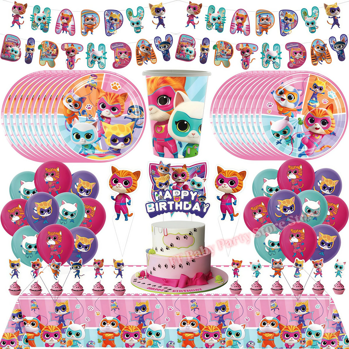 Cat Kitty Birthday Party Supplies – Plates, Cups & Balloons Set Party Supply Kit Babs