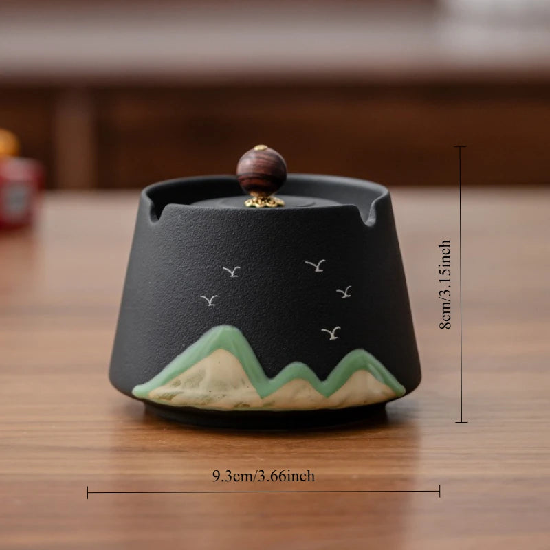Ceramic Ashtray with Lid – Chinese Style Stoneware Home & Office Decorative Ashtray Babs 1pc B