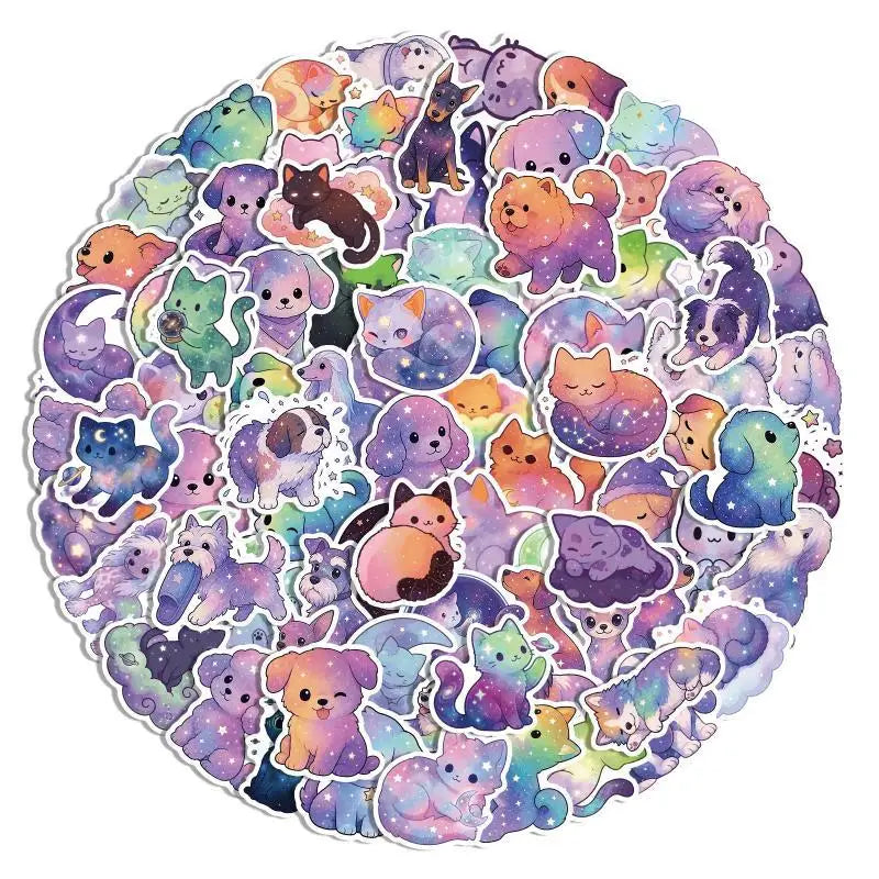50/100-Pack Waterproof Cat & Dog Starry Night Doodle Stickers Decorative Stickers Babs