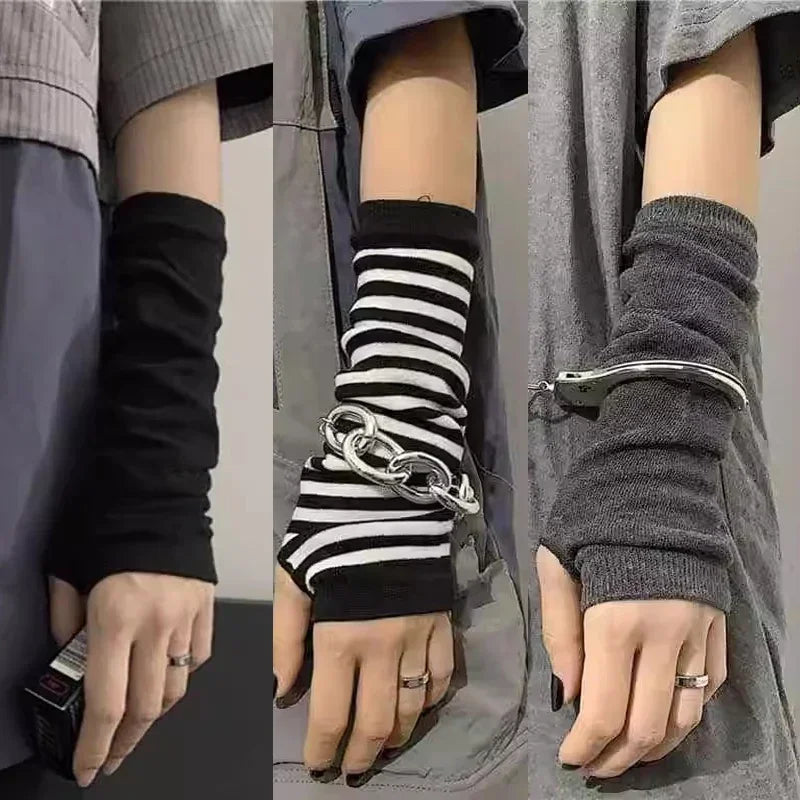 Y2K Gothic Fingerless Arm Warmers – Striped Punk Elbow Gloves Fingerless Arm Warmers Babs