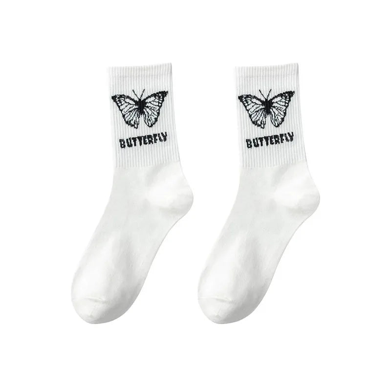Butterfly Print Mid-Calf Crew Socks Women – Cotton Blend Women's Crew Socks Babs White-Big-1Pair One Size