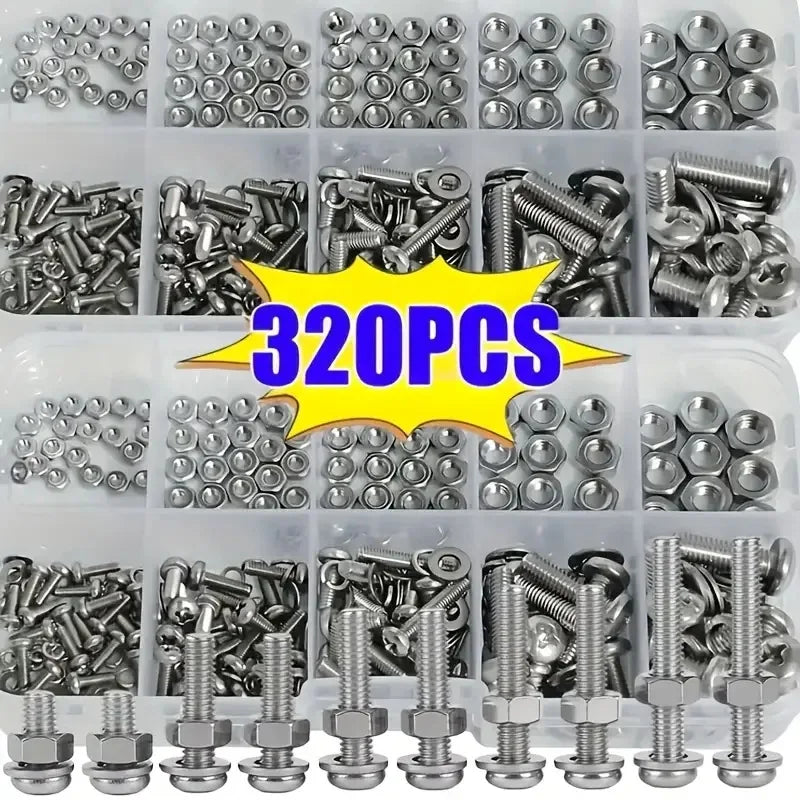 320Pcs Bolt Nut Washer Kit M2-M5 with Storage Box Fastener Assortment Kit Babs