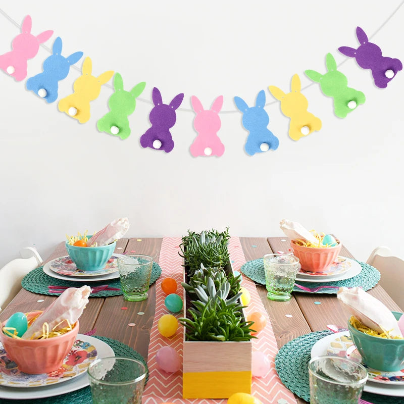Felt Colorful Rabbit Easter Banner Garland – Party Bunting Flags Easter Party Garland Babs